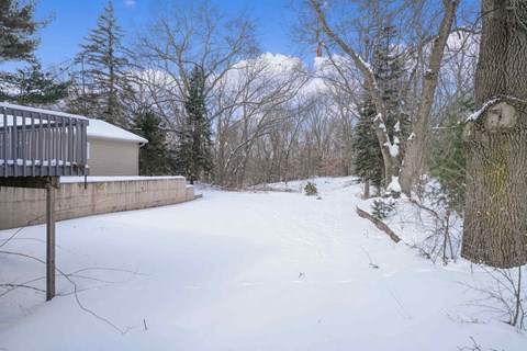 A snowy backyard with a fence and trees.