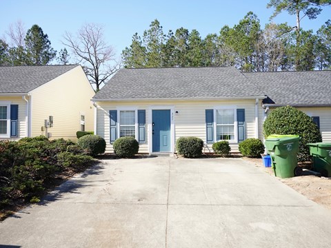 A house with a blue door and windows surrounded by bushes and trees.