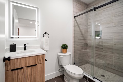 A bathroom with a toilet, sink, and shower.