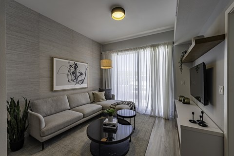 A living room with a grey couch, a coffee table, a television, and a painting on the wall.