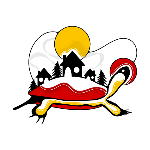 A stylized image of a house with trees and a sun, with a red, white, and black design.