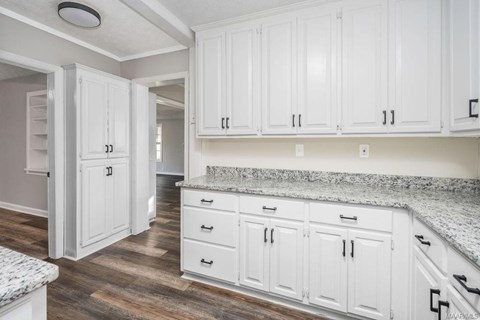 A kitchen with white cabinets and a granite countertop.