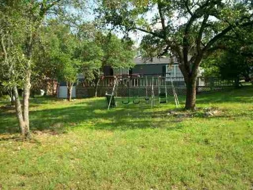A tree in a grassy area with a fence in the background.