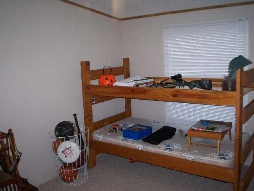 A room with a bunk bed and a chair.