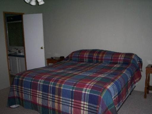A bed with a plaid comforter is in a room.