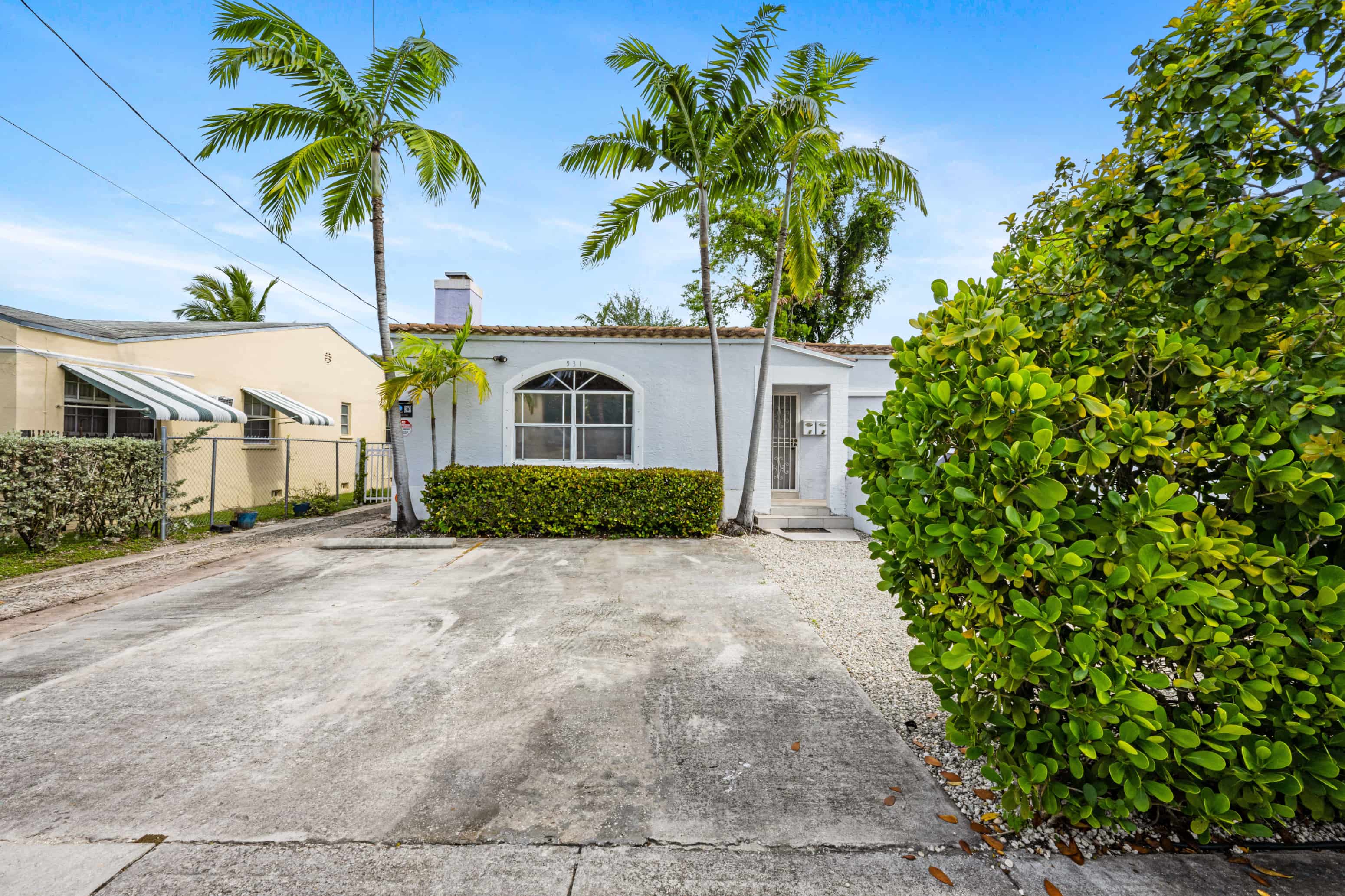 A house with a driveway and a palm tree in front.