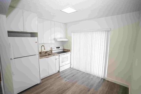 A kitchen with white cabinets and a window with blinds.