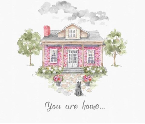 A watercolor painting of a pink house with a dog in front and the phrase "you are home" written below.