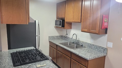 A kitchen with a black fridge, granite countertop, and wooden cabinets.