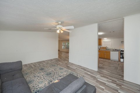 A living room with a grey couch and a ceiling fan.