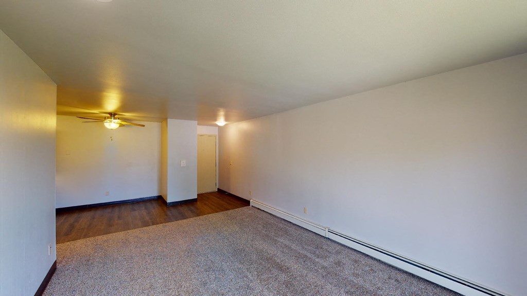 A room with a carpeted floor and a ceiling fan.