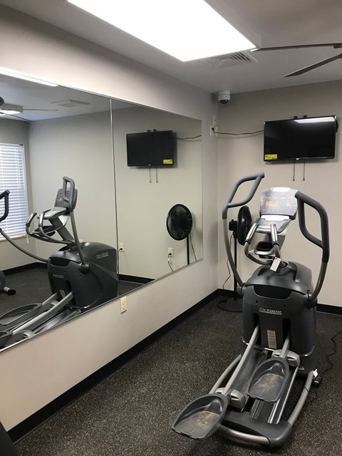 A gym room with a treadmill, exercise bike and a television.