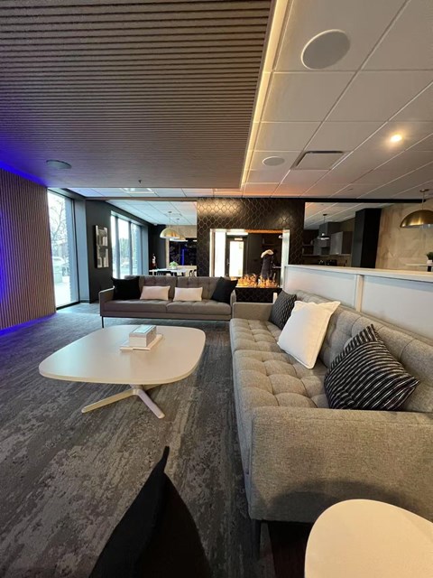 A modern living room with a grey sofa and a white coffee table.
