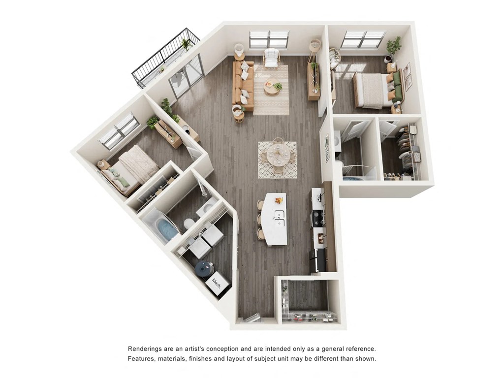 A floor plan of a house with a living room, dining room, kitchen, and two bedrooms.