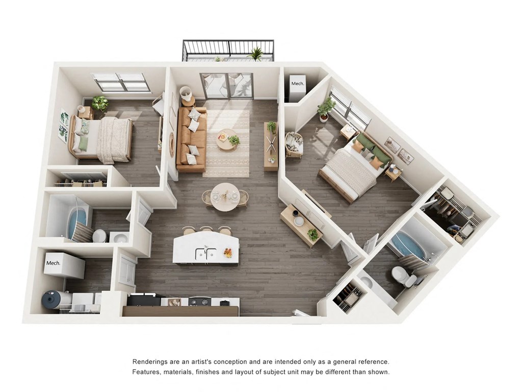A floor plan of a house with a kitchen, living room, and two bedrooms.