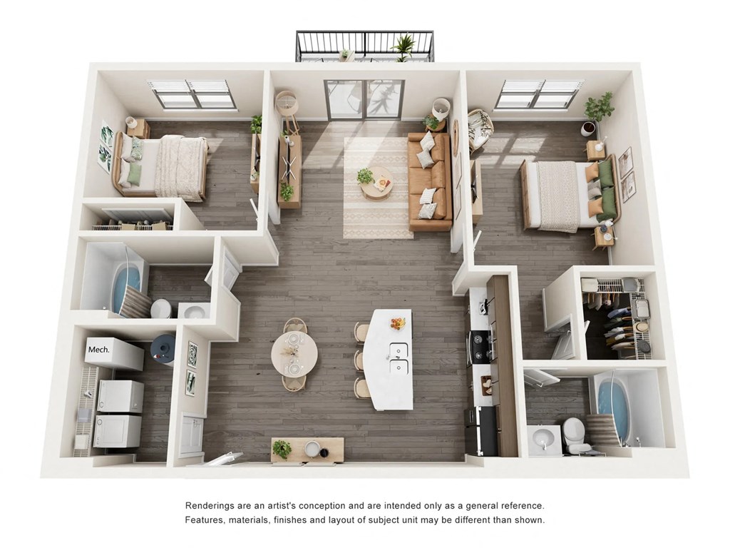 A floor plan of a house with a kitchen, living room, and two bedrooms.