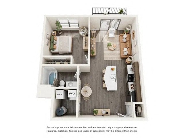 A floor plan of a house with a kitchen, living room, and bathroom.
