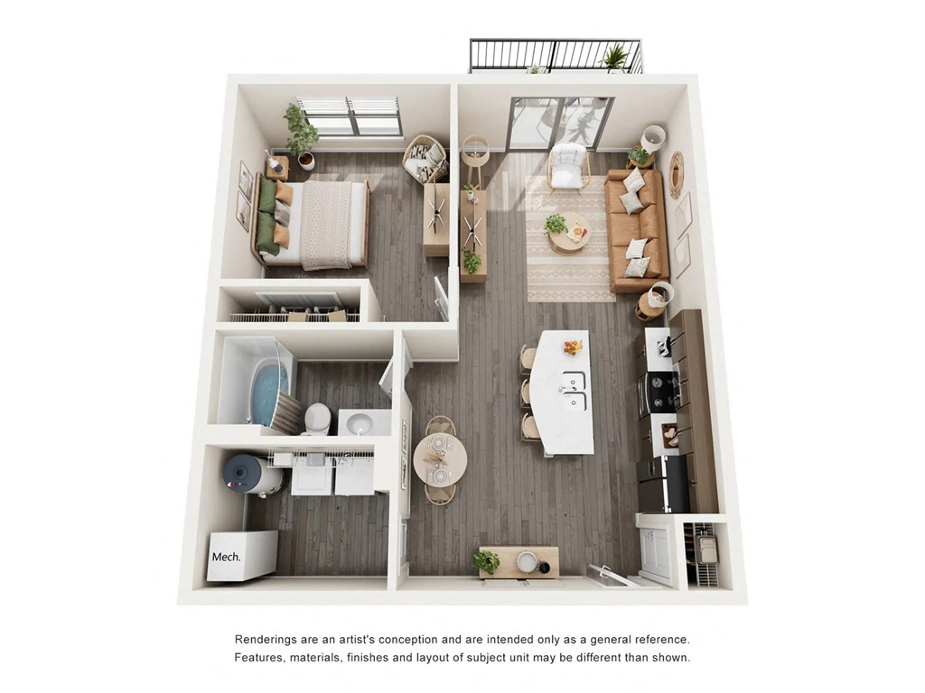 A top-down view of a modern apartment layout with a kitchen, living room, and bedrooms.