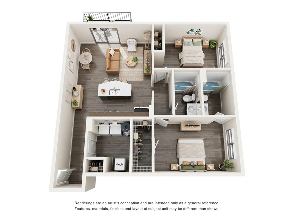 A floor plan of a house with multiple rooms and furniture.