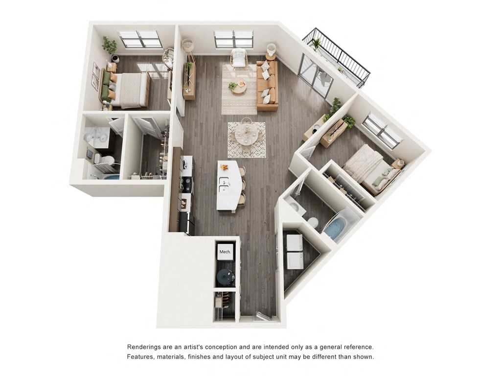 A floor plan of a house with a kitchen, living room, dining room, and two bedrooms.