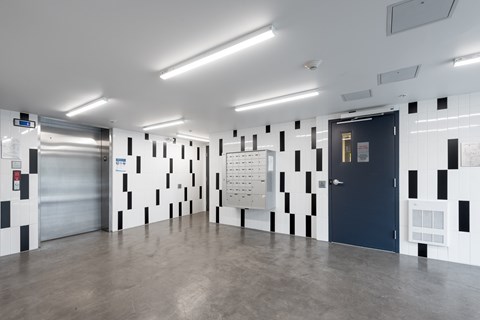 A hallway with a black and white checkered wallpaper and a blue door.