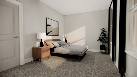 A bedroom with a bed, nightstand, and lamp.