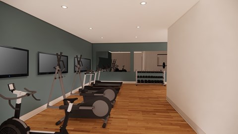 A gym with a row of exercise bikes and a mirrored wall.