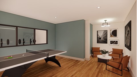 A ping pong table is in the middle of a room with a coffee table and chairs.