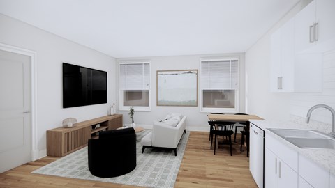 A modern living room with a black chair and a white couch.