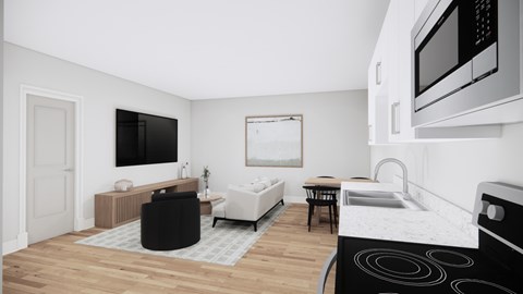 A modern kitchen with a black and white theme.