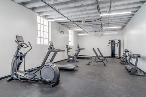 A gym with treadmills, elliptical machines, and weight machines.