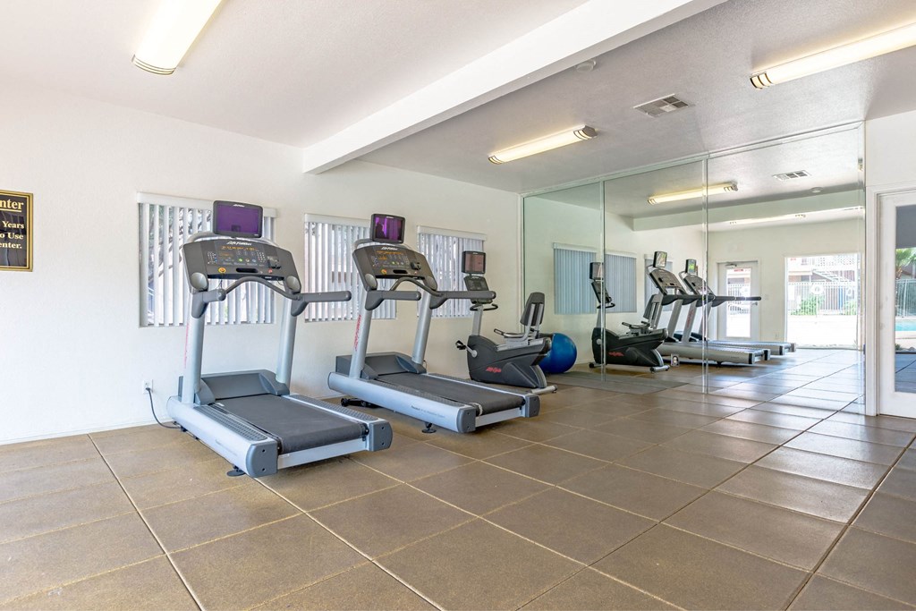 A gym with treadmills and elliptical machines.