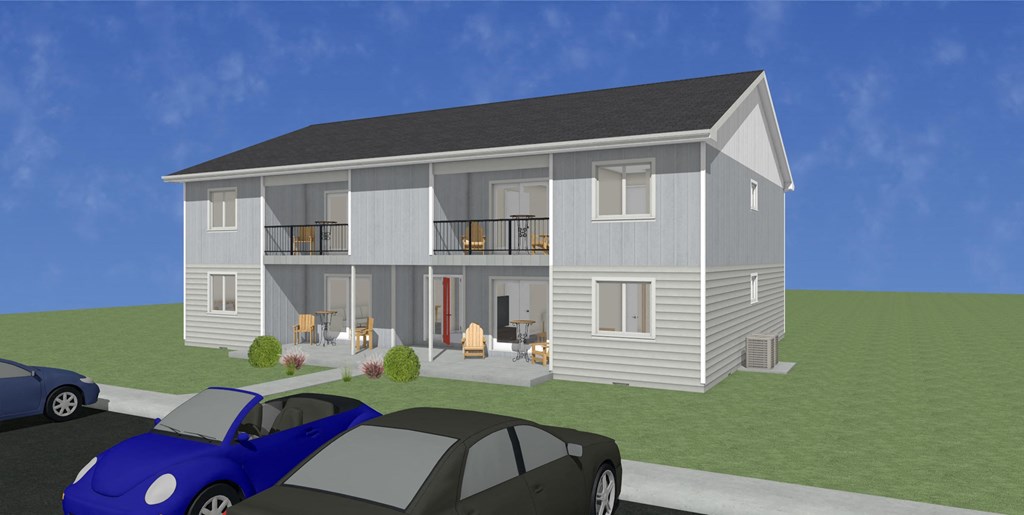 A two-story house with a car parked in front.