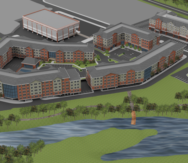 A 3D rendered image of a building complex with a river in front.