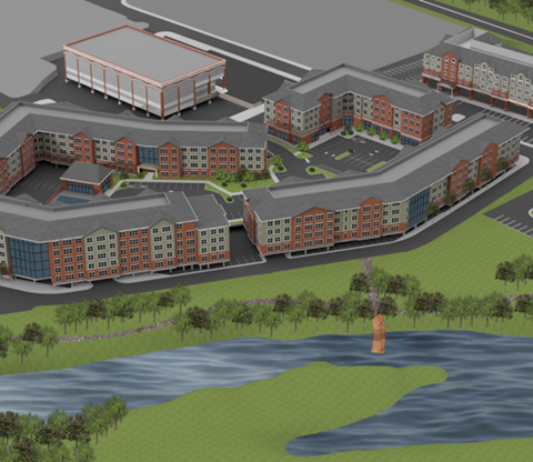 A 3D rendered image of a building complex with a river in front.
