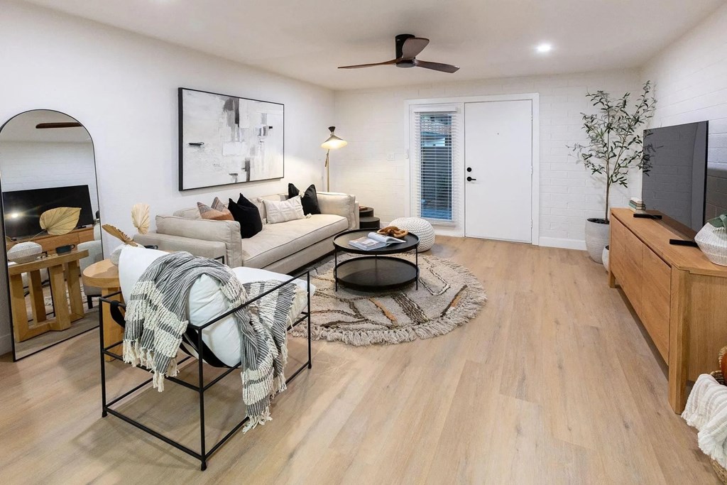 A living room with a couch, a chair, a rug, a table, a television, and a plant.