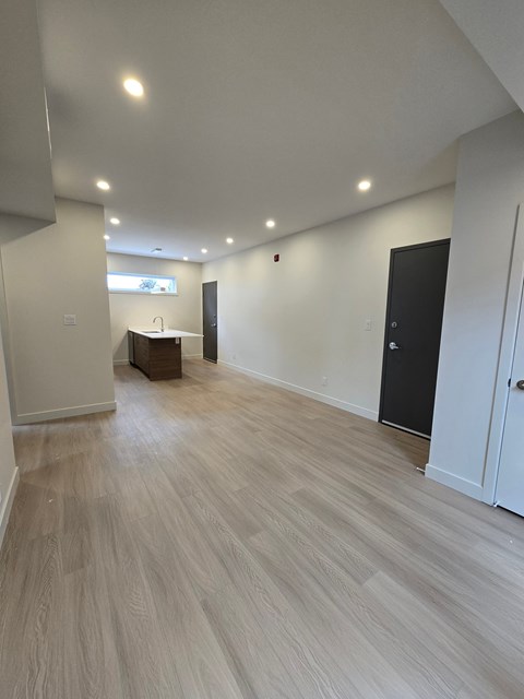A room with light wood flooring and white walls.