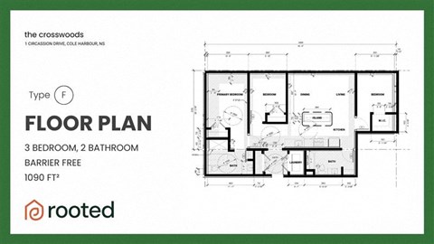 A floor plan for a 3 bedroom, 2 bathroom home by Rooted.