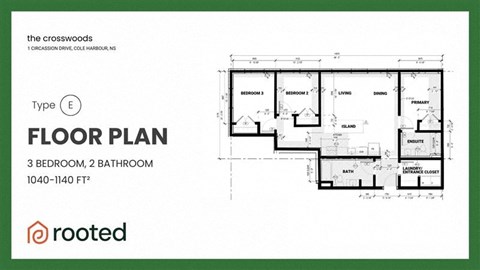 A floor plan for a 3 bedroom, 2 bathroom apartment sized 1040-1140 square feet.