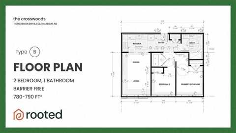 A floor plan for a Type B apartment at The Crosswoods, a barrier-free 2 bedroom, 1 bathroom apartment.