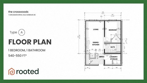 A floor plan for a one bedroom, one bathroom apartment at The Crosswoods.