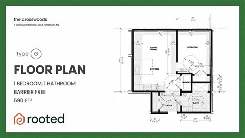 A floor plan for a one bedroom, one bathroom apartment at The Crosswoods.