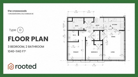 A floor plan for a 3 bedroom, 2 bathroom home by Rooted.