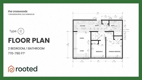 A floor plan for a Type C apartment with two bedrooms and one bathroom is displayed.