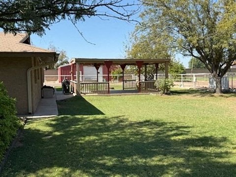 A backyard with a red building and a tree.