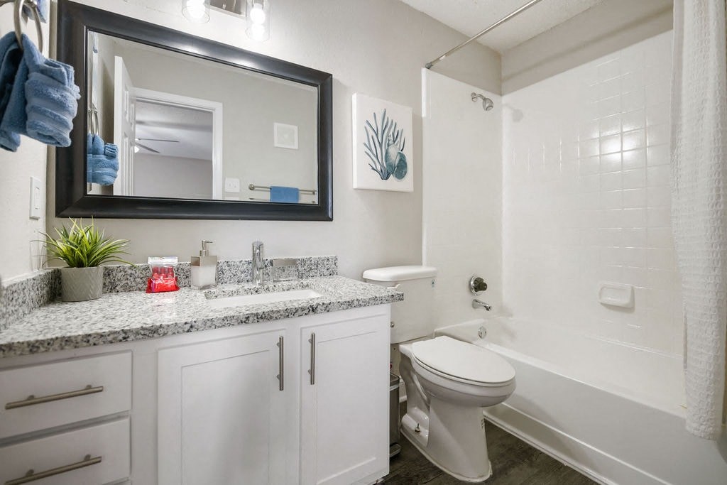A bathroom with a white toilet, a sink, a mirror, and a bathtub.