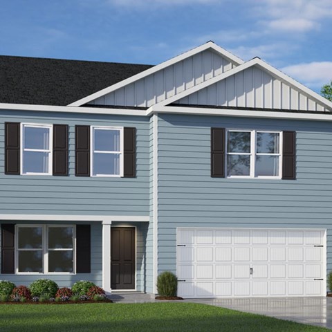 A two-story house with a white garage door.