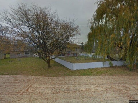 A tree with no leaves stands in a yard.