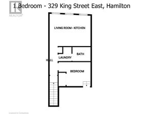 A floor plan of a 1 bedroom apartment at 329 King Street East, Hamilton.