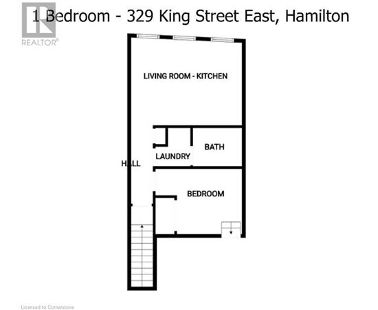 A floor plan of a 1 bedroom apartment at 329 King Street East, Hamilton.